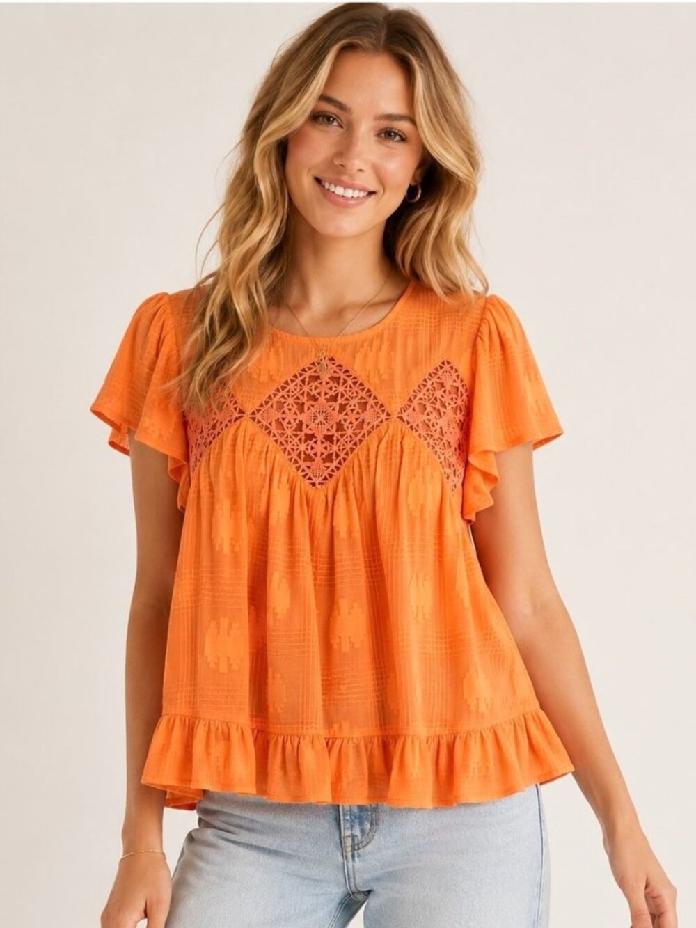 MNK NWT Tangerine Orange Cotton Crochet Lace Babydoll Blouse Top M